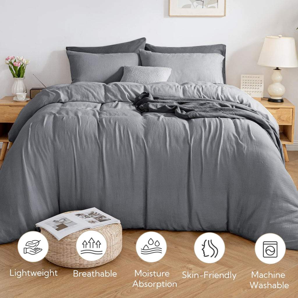 Muslin Duvet Cover - 100% Washed Cotton Linen Like Gauze Comforter Cover 3 Pieces Breathable & Lightweight for
