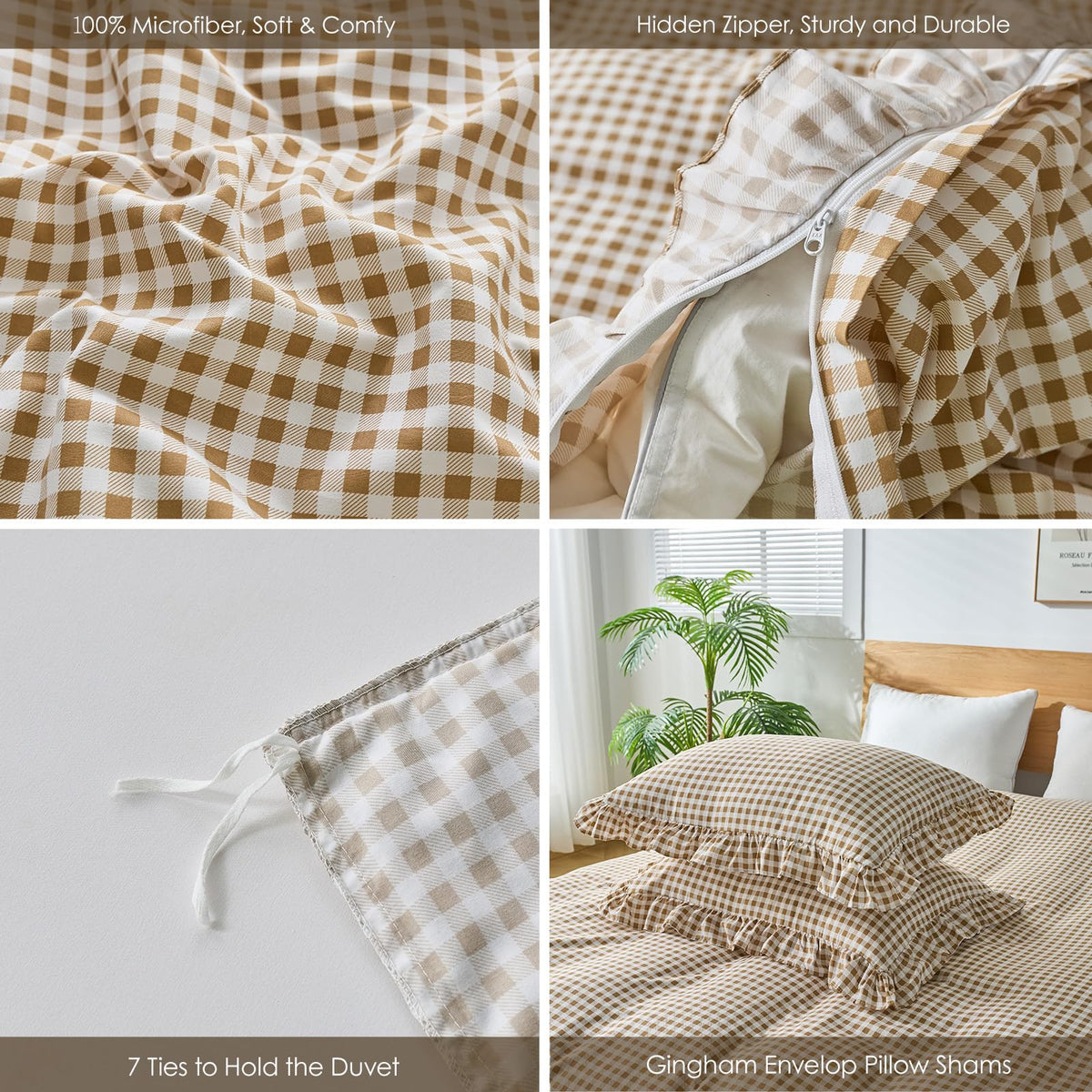 Gingham Duvet Cover, 3 Pieces Soft Breathable Microfiber Plaid Duvet Cover with Zipper Closure & 2 Pillow