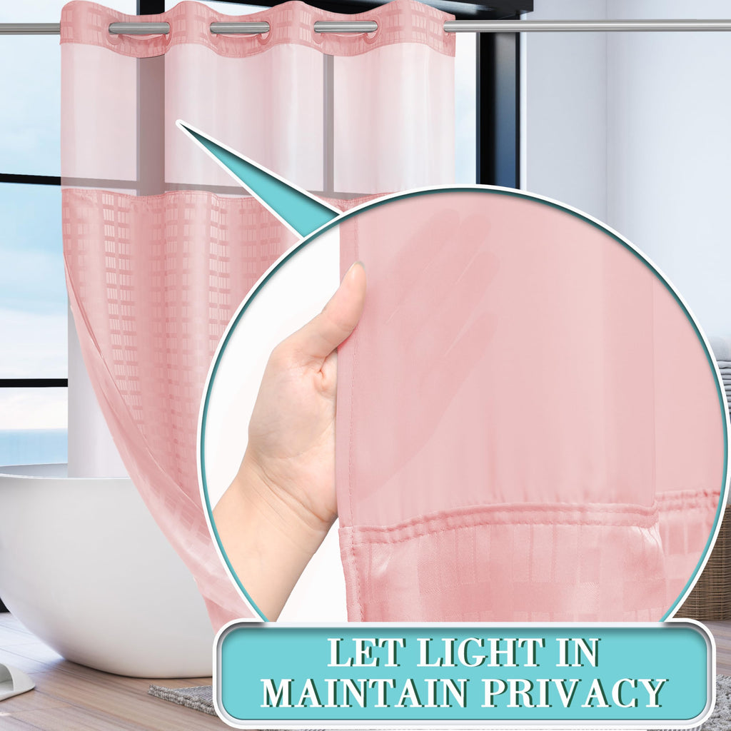 Stall No Hook Shower Curtain with Snap in Liner Set, Hotel Luxury Pink Shower Curtains with See Through Top Window