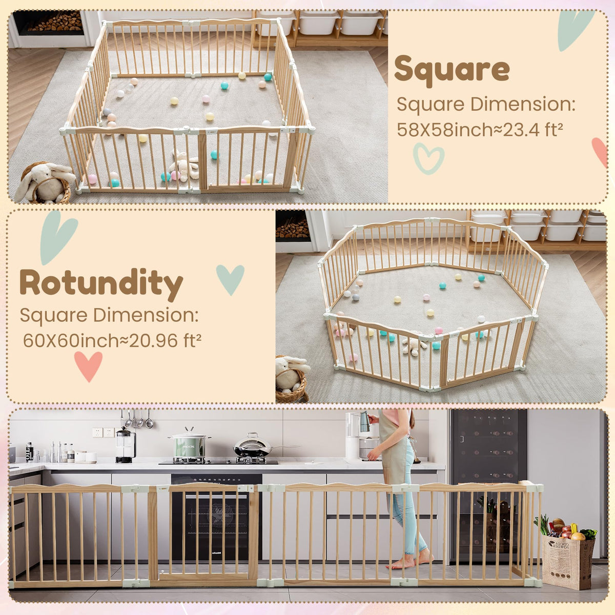 Wooden Baby Playpen Foldable Play Yard with Gate 59"x59" Natural Wood