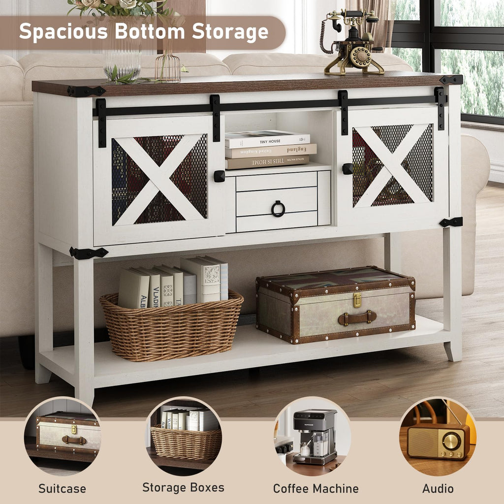 Farmhouse Entryway Table with 2 Sliding Barn Doors & Drawer, 46'' Rustic Console Table with Storage, Open Shelf