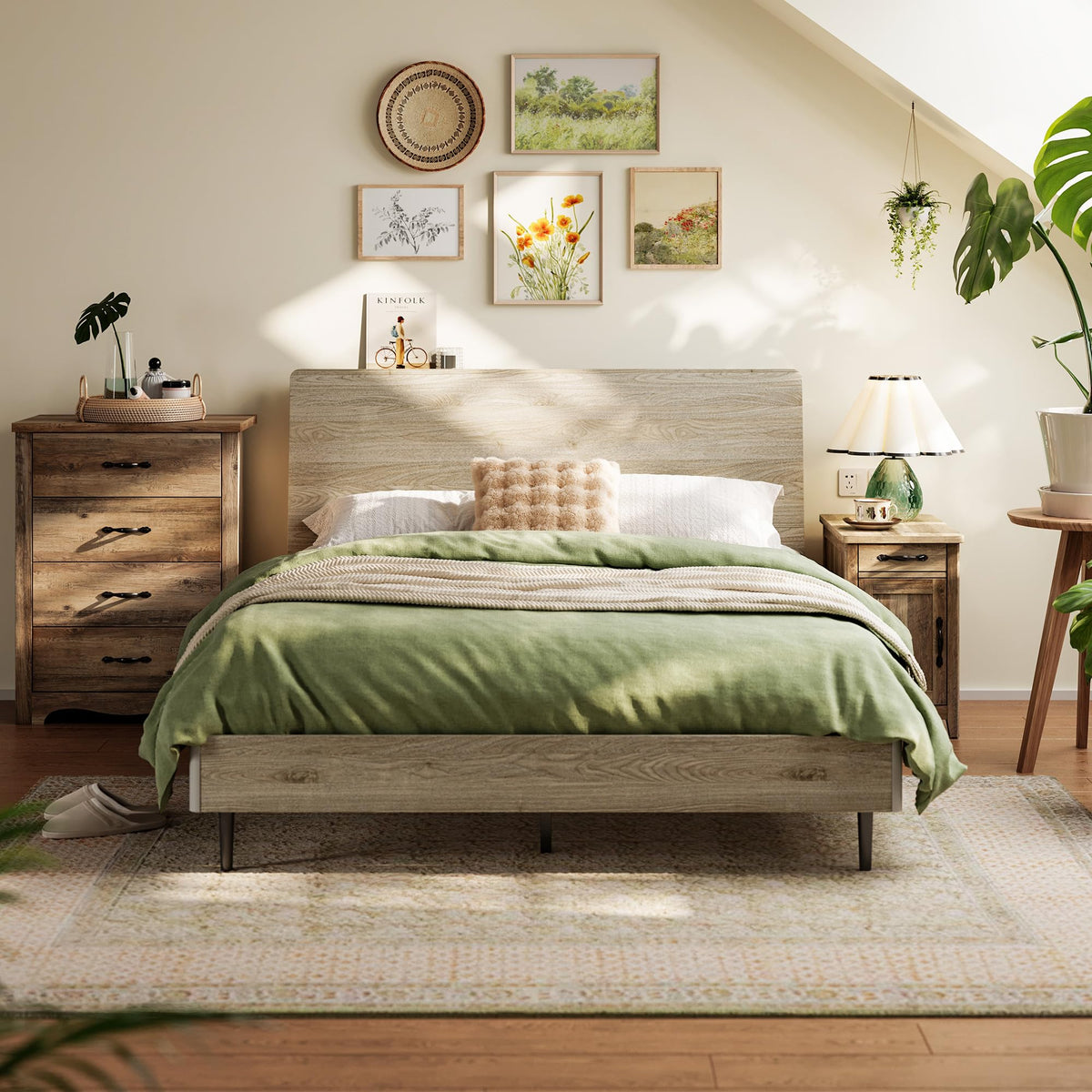 Queen Bed Frame with Ergonomic Headboard, Farmhouse Wood Bed Frame Queen Size with Storage Shelf, Noise-Free, No Box