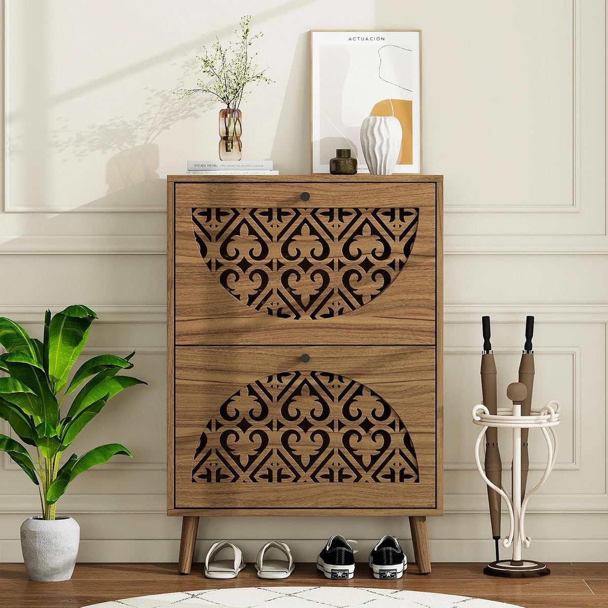 6.7" Ultra-Slim Shoe Cabinet with 2 Flip Drawers, Walnut | Heart-Shaped Hollow-Carved Entryway Organizer for Heels &