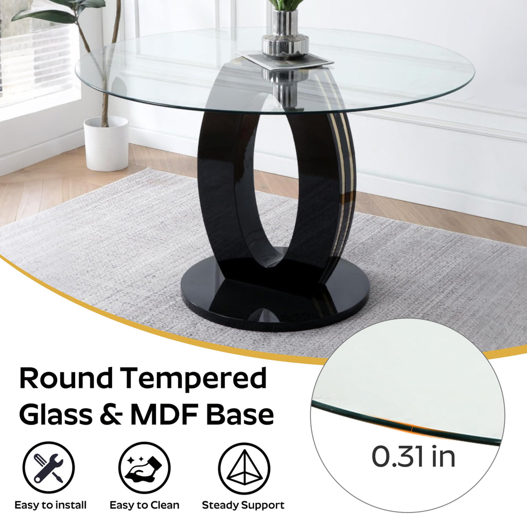 Modern 47" Clear Glass Round Dining Table Set, 7 PCS Luxury Circle Glass Top Kitchen Table with Gold Decorative