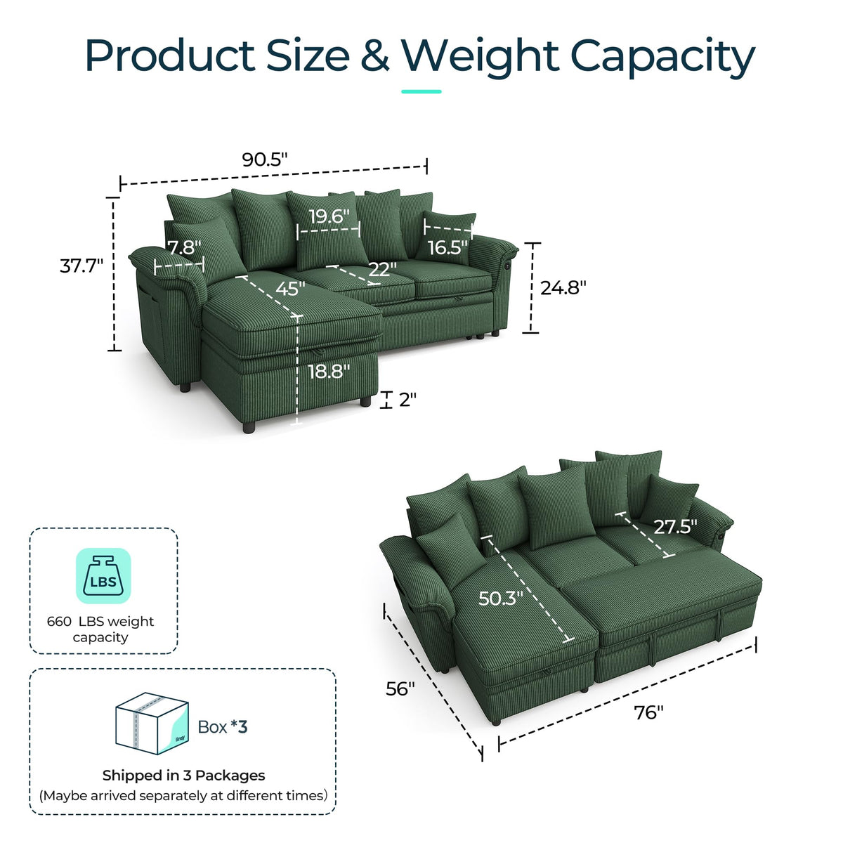 Sectional Couch with Pull Out Bed, Large Corduroy Modular Sleeper Sofa, Storage Chaise, Wide Armrest, 90" 3 Seats