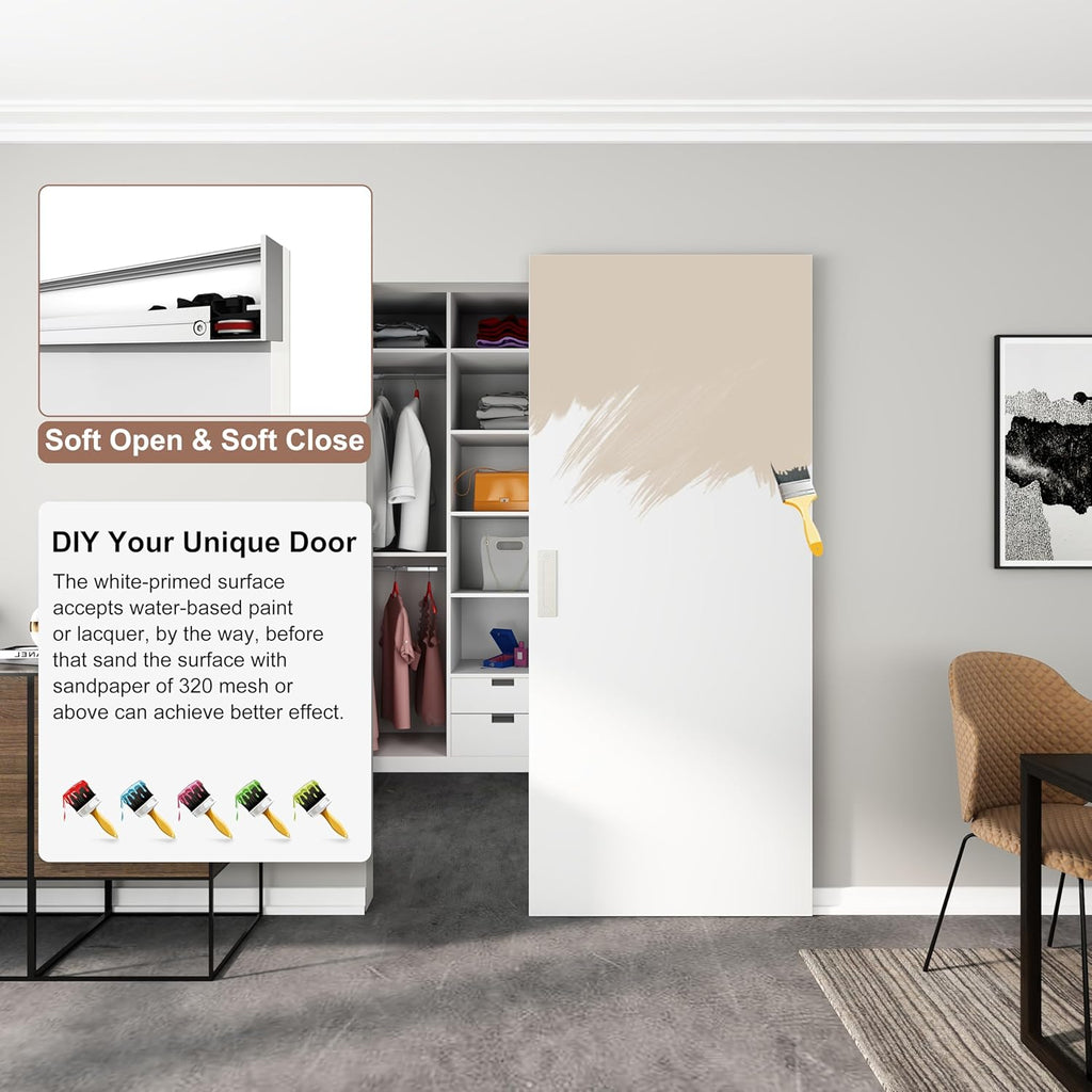 30"x84" Flush Solid Core White Primed Concealed Sliding Hidden Barn Door with Soft Close Installation Hardware and Double Sided Pulls Included