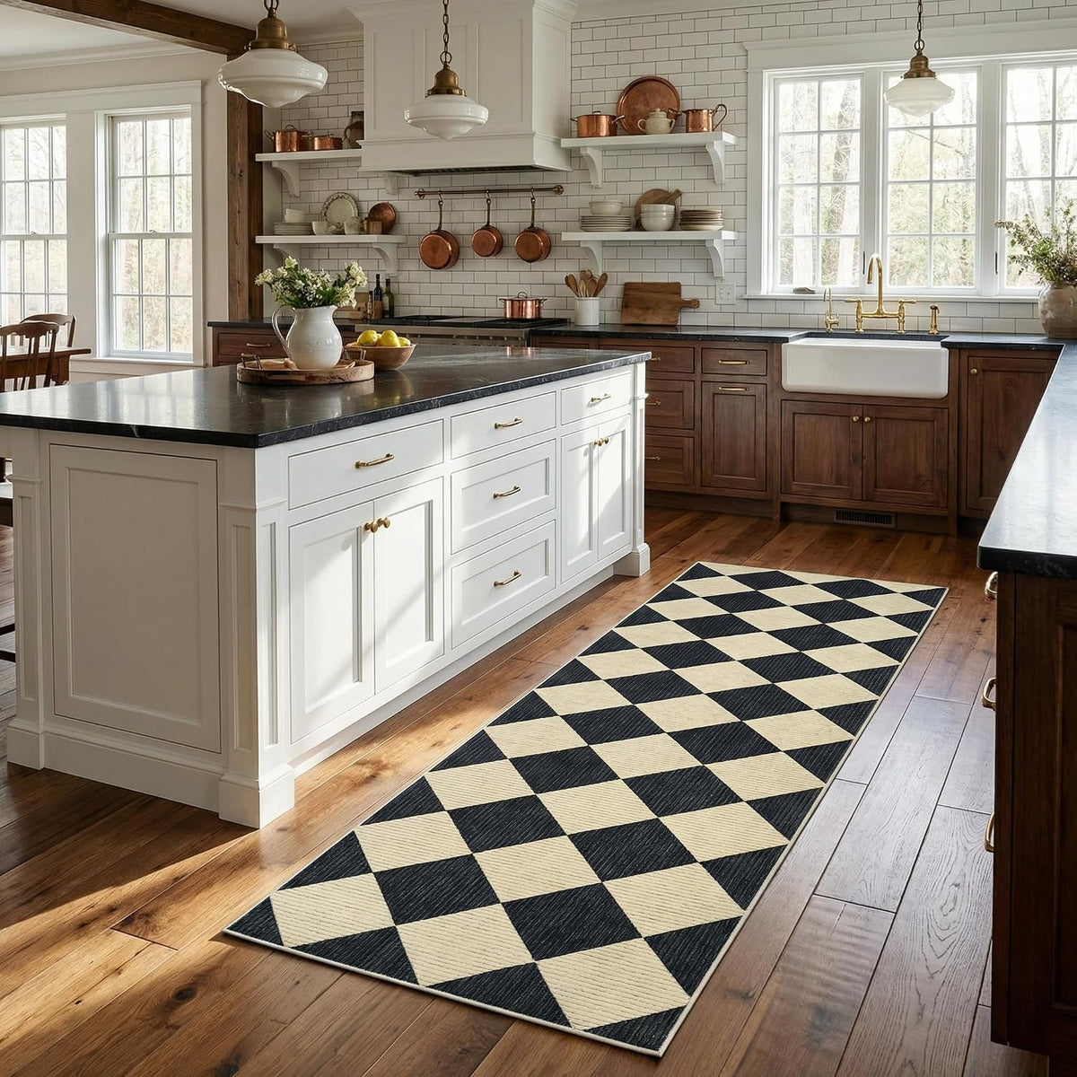 Checkered Diamond Runner Rug 2x6, Washable Non-Slip, Black & Beige