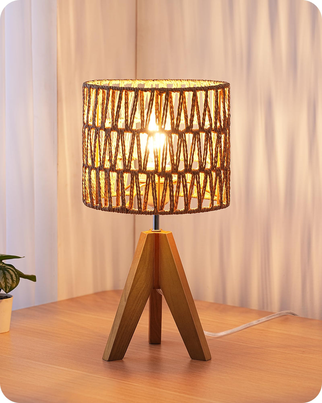 Rattan Small Table Lamp, Boho Nightstand Lamp, 14.2", E26 Base