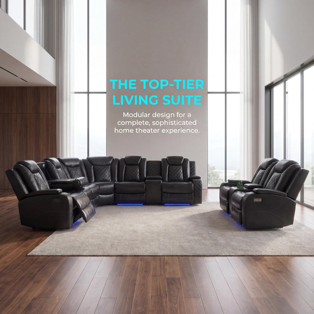 Power Reclining Leather Sectional Sofa Set, 6-Seat Black Curved Sofa and Loveseat, with LED Lights, Cup Holders and