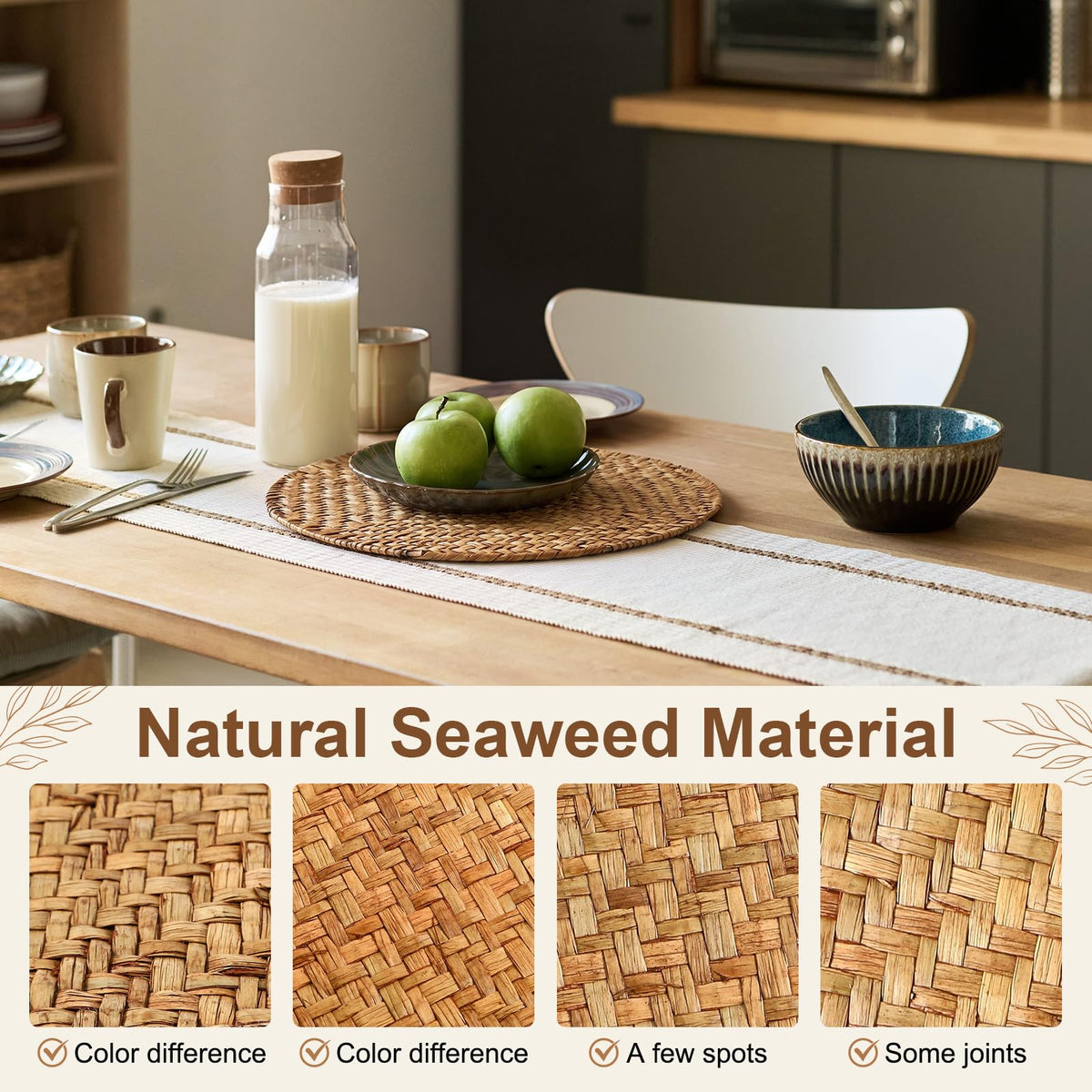 6 Set 13 Inch Rattan Round Placemats Natural Seagrass Woven Placemats Stained Brown Rattan Wicker Table Mats Boho