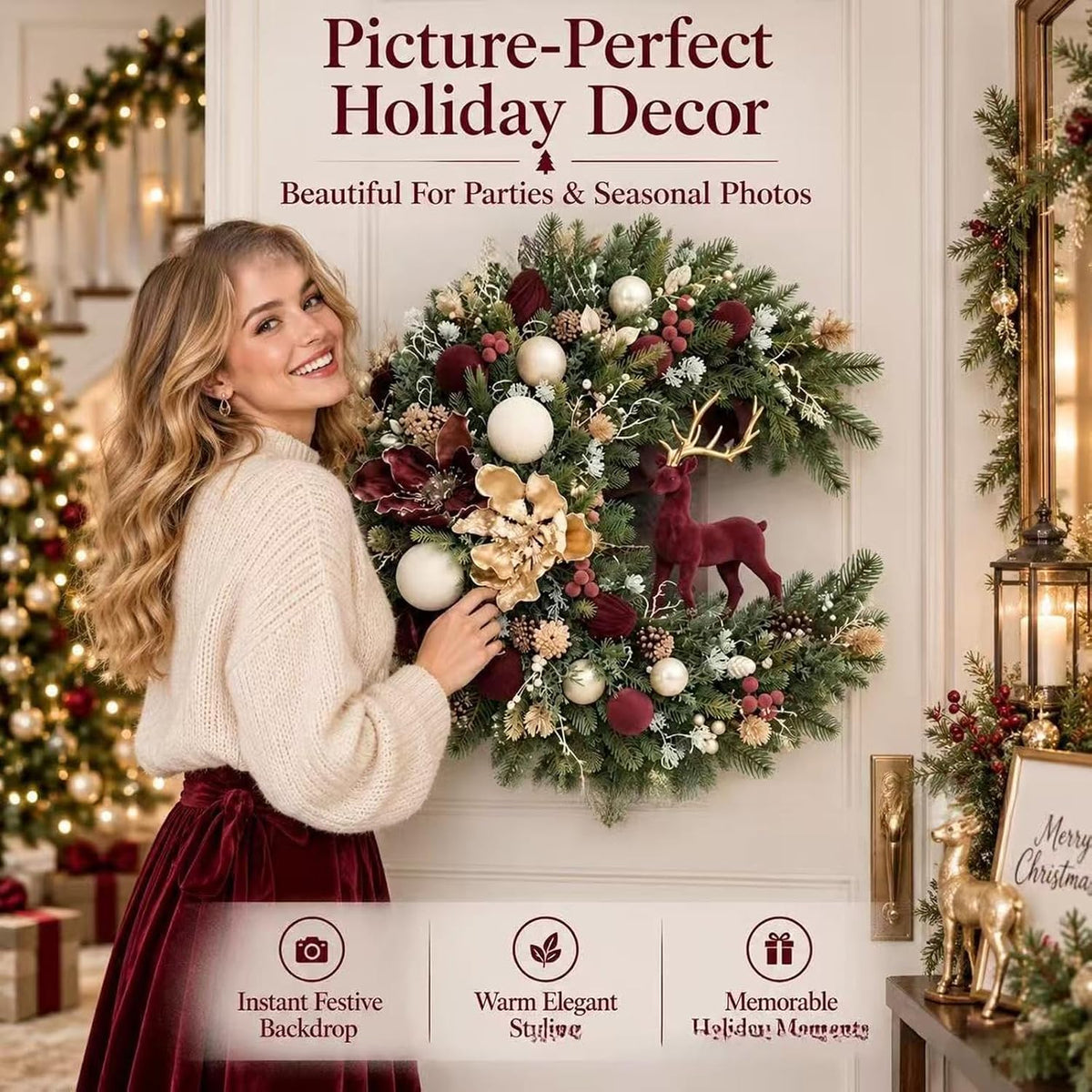 Artificial Christmas Wreath, Indoor Outdoor Holiday Decor