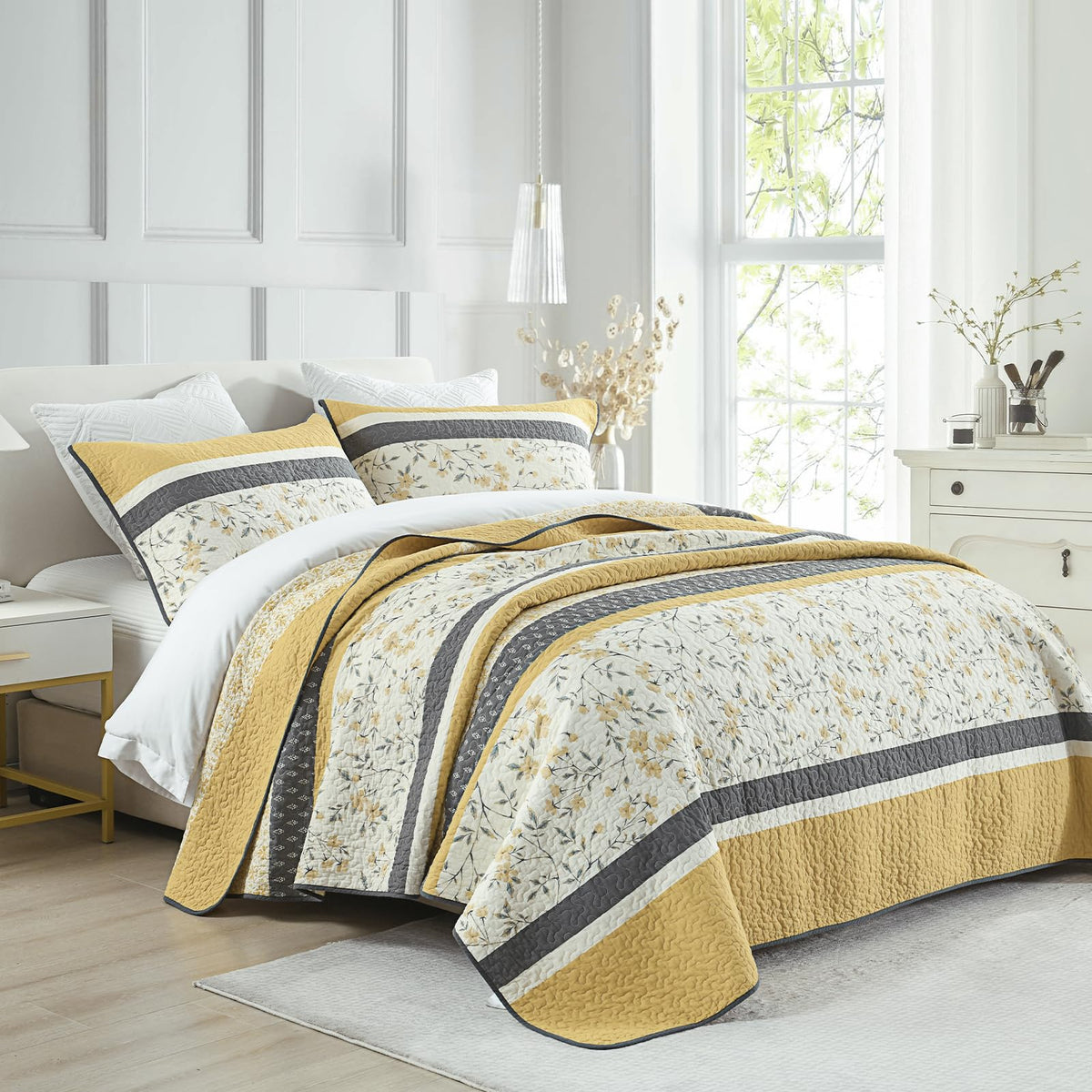 100% Cotton Quilt - Modern Stripe Botanical Soft Bedding Set