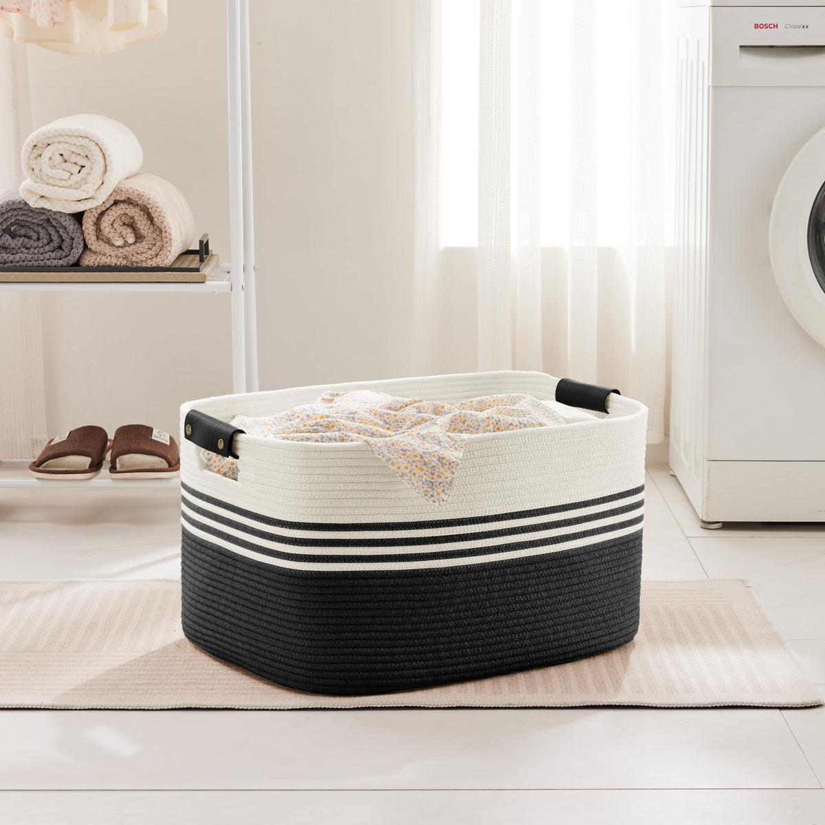 72L Large Woven Laundry Basket Hamper with Leather Handles,Black