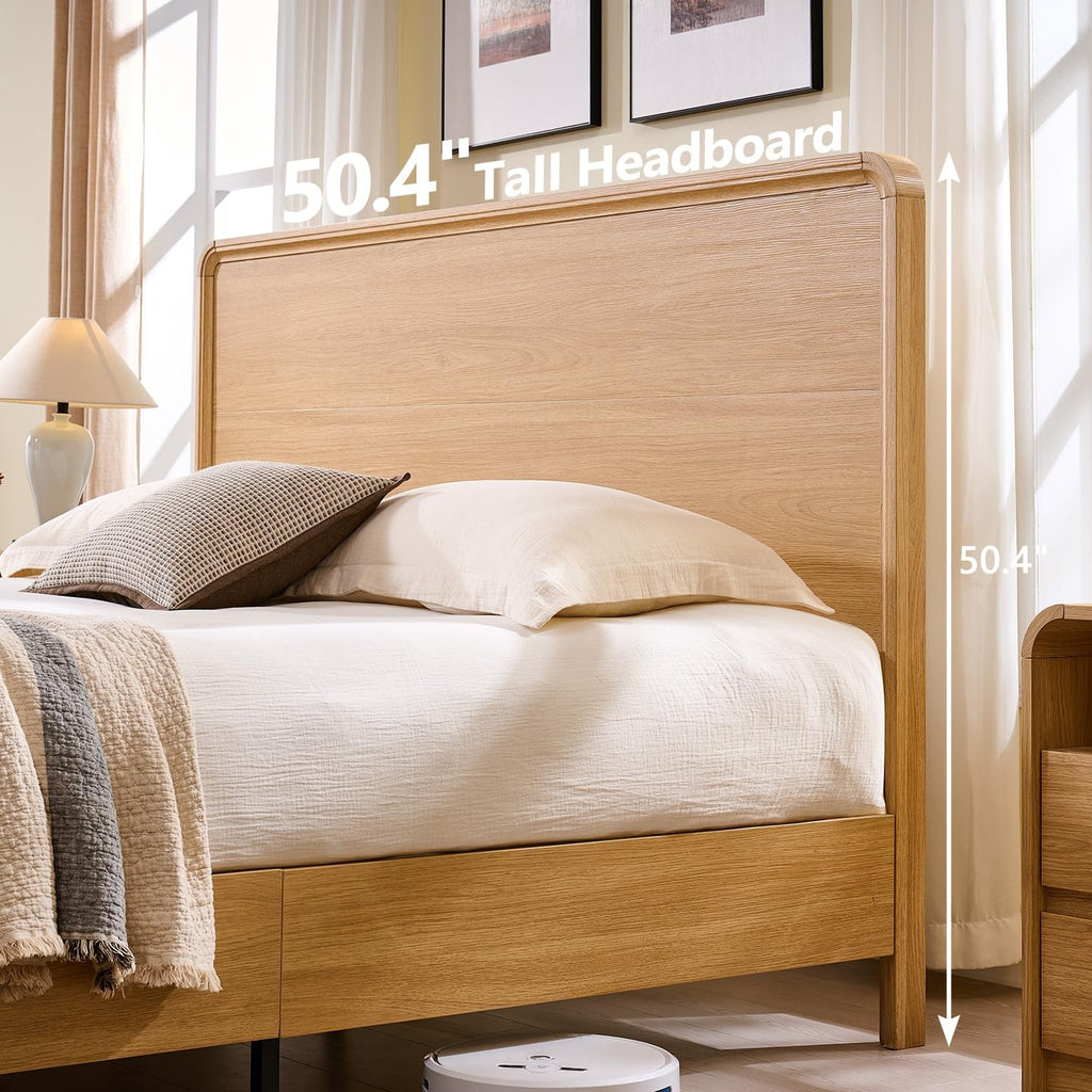 Modern King Size Bed Frame with 50" Tall Headboard, Natural Oak
