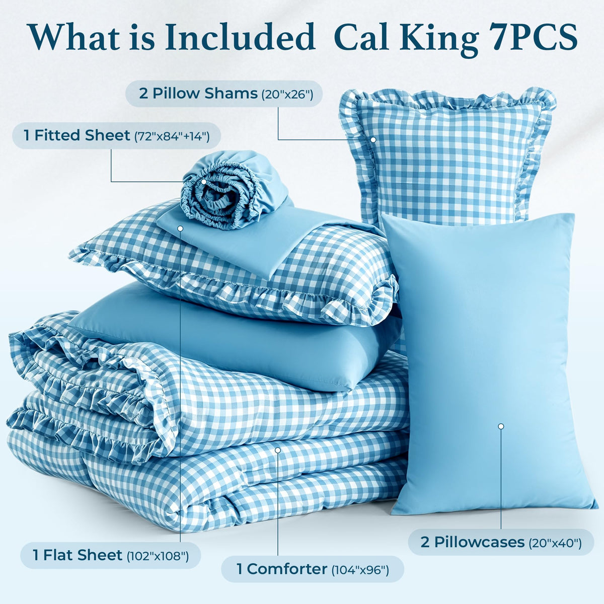 7 Pieces Gingham Ruffle Comforter Set, Blue Grid Tartan Bedding Set, Soft Breathable Fabric Comforter