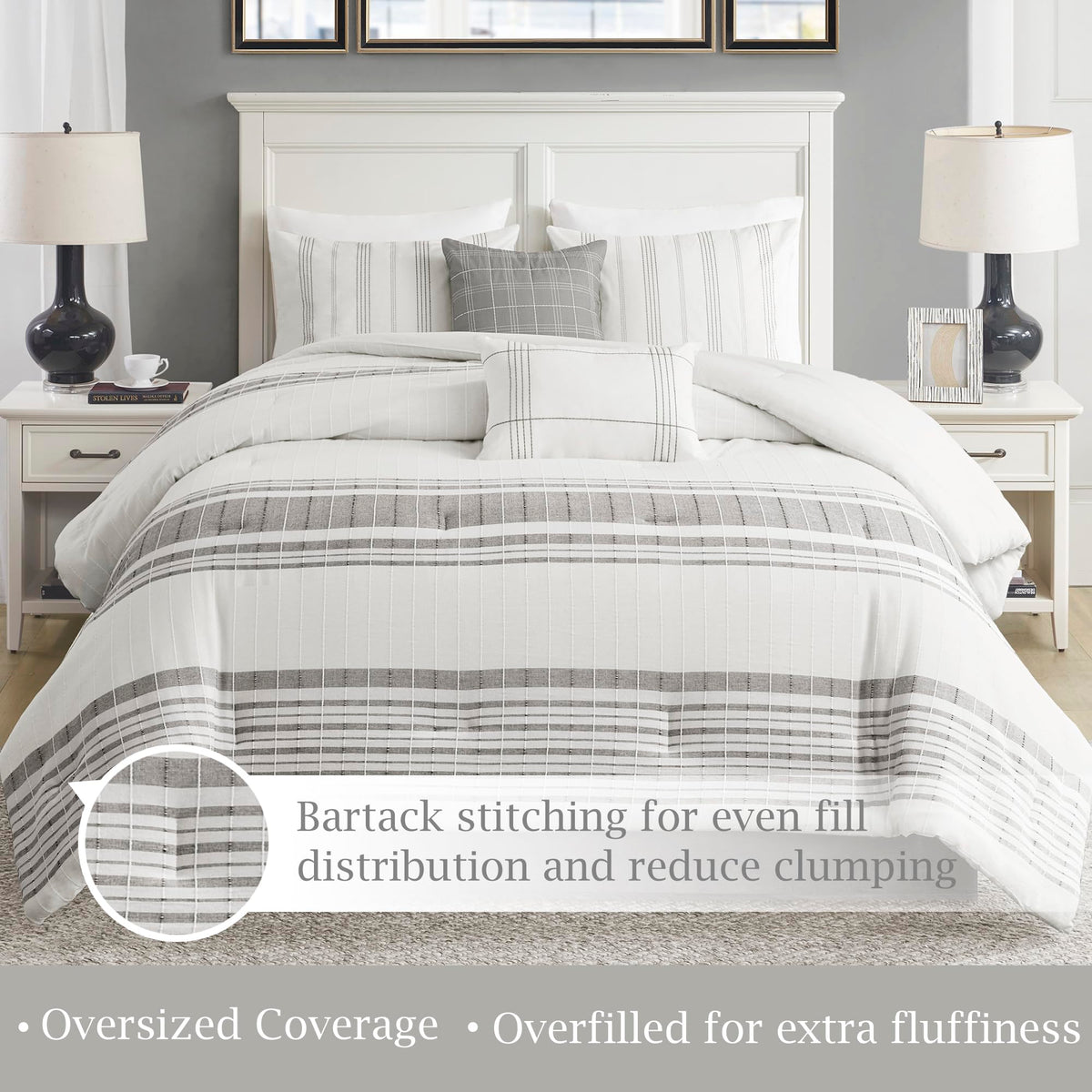 Comforter Set, Stripes Clipped Jacquard, Soft Cotton Oversized Comforter for a -Size Bed, Farmhouse Bedding