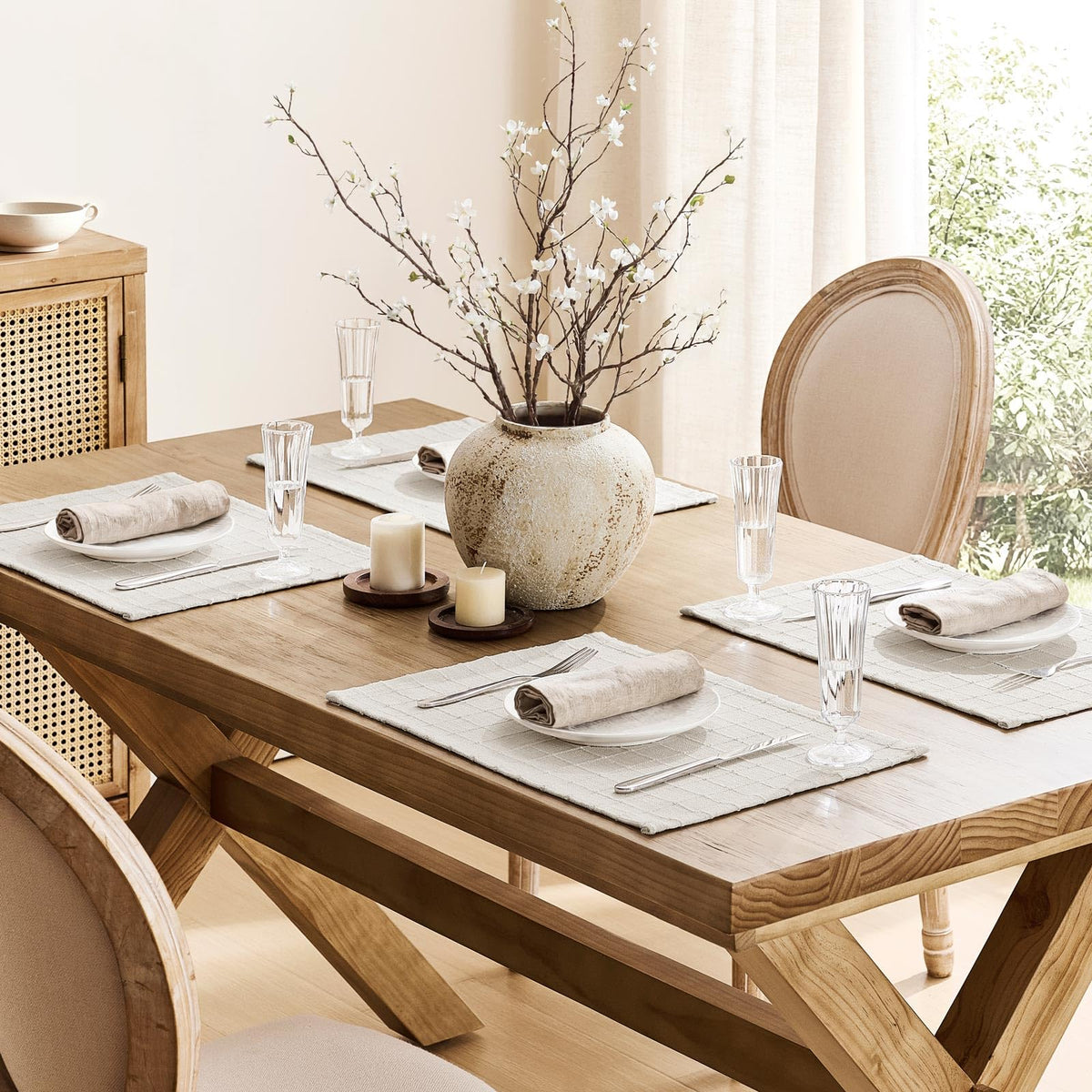 Artisanal Grid Decorative Linen Placemats Set of 6, Ivory