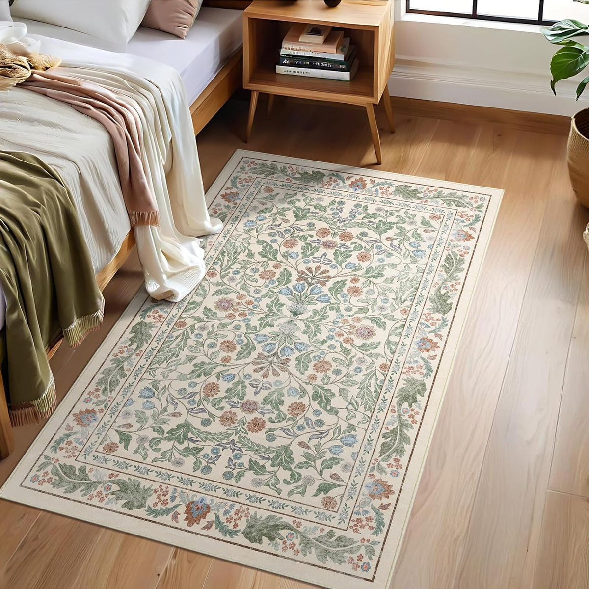 Floral Indoor Entrance Area Rug, Washable Vintage Boho Entryway Rugs, Low Pile Non Slip Soft Carpet for Kitchen