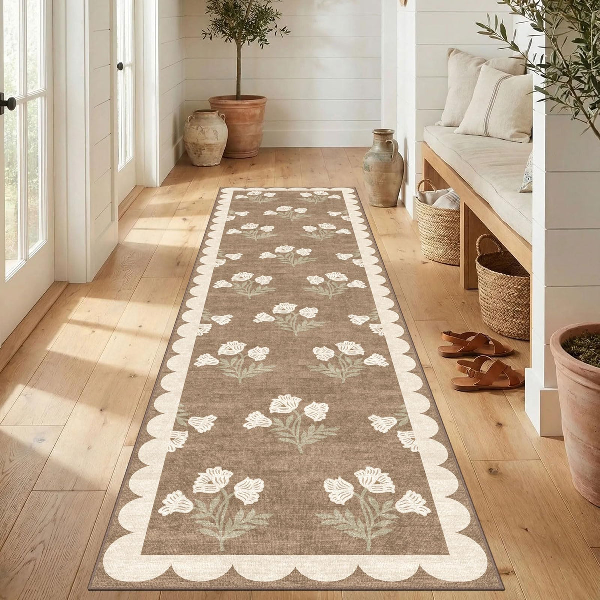 Non Slip Washable Kitchen Runner Rug - Long Tan Hallway Runner Rugs Soft Boho Runners s Vintage Floral Scalloped