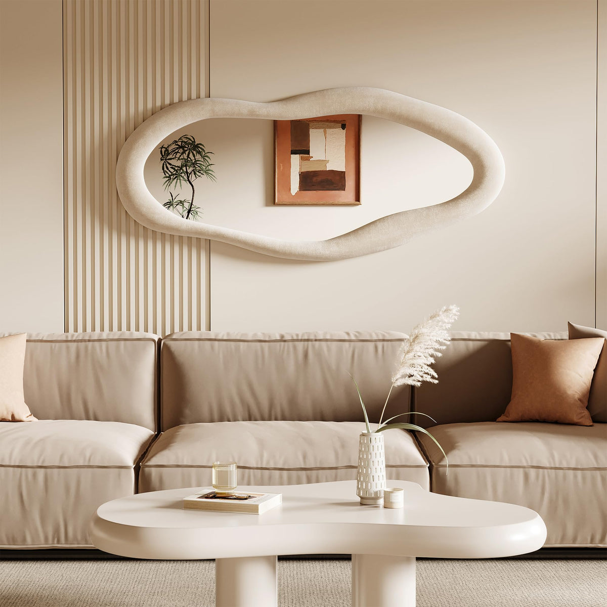 55" x 24" Wall Mirror, Flannel Wrapped Wooden Frame Wavy Mirror, Irregular Mirror Hanging