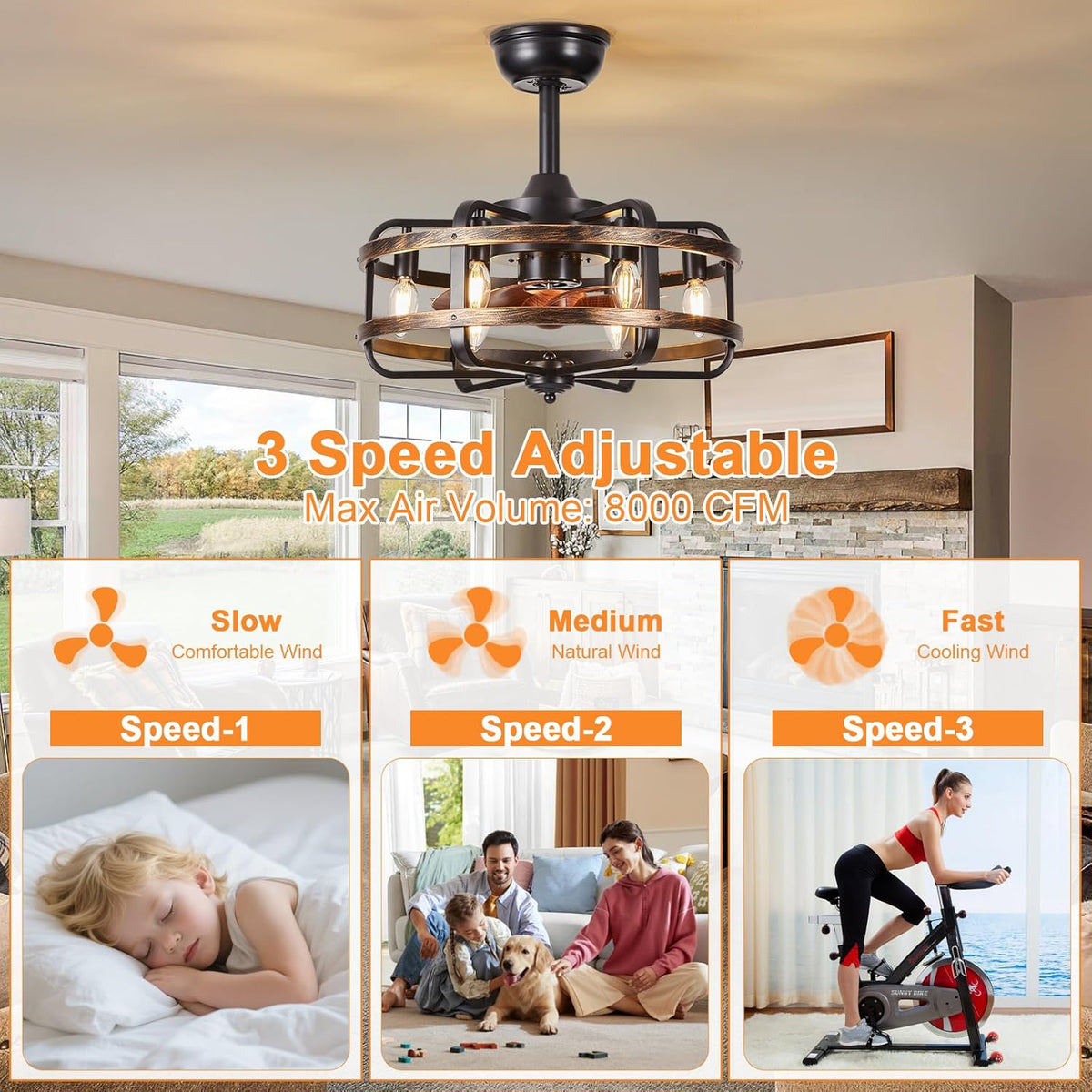 Caged Ceiling Fans with Lights Black Farmhouse 18‘’ Flush Mount Bladeless Rustic Chandeliers Fan Lights with Remote