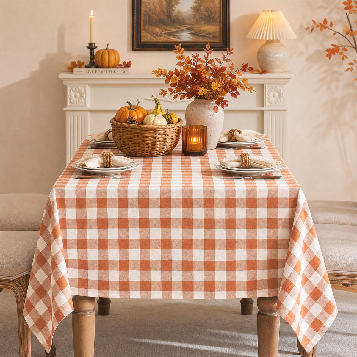 Fall Gingham Tablecloth Rectangle Cotton Linen Style, Orange 60x75