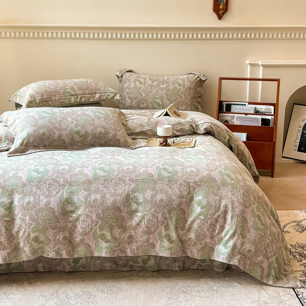 Jacquard Floral Duvet Cover King Retro Pink Green Flower Duvet Cover Yarn-Dyed Textured Cotton Jacquard Bedding
