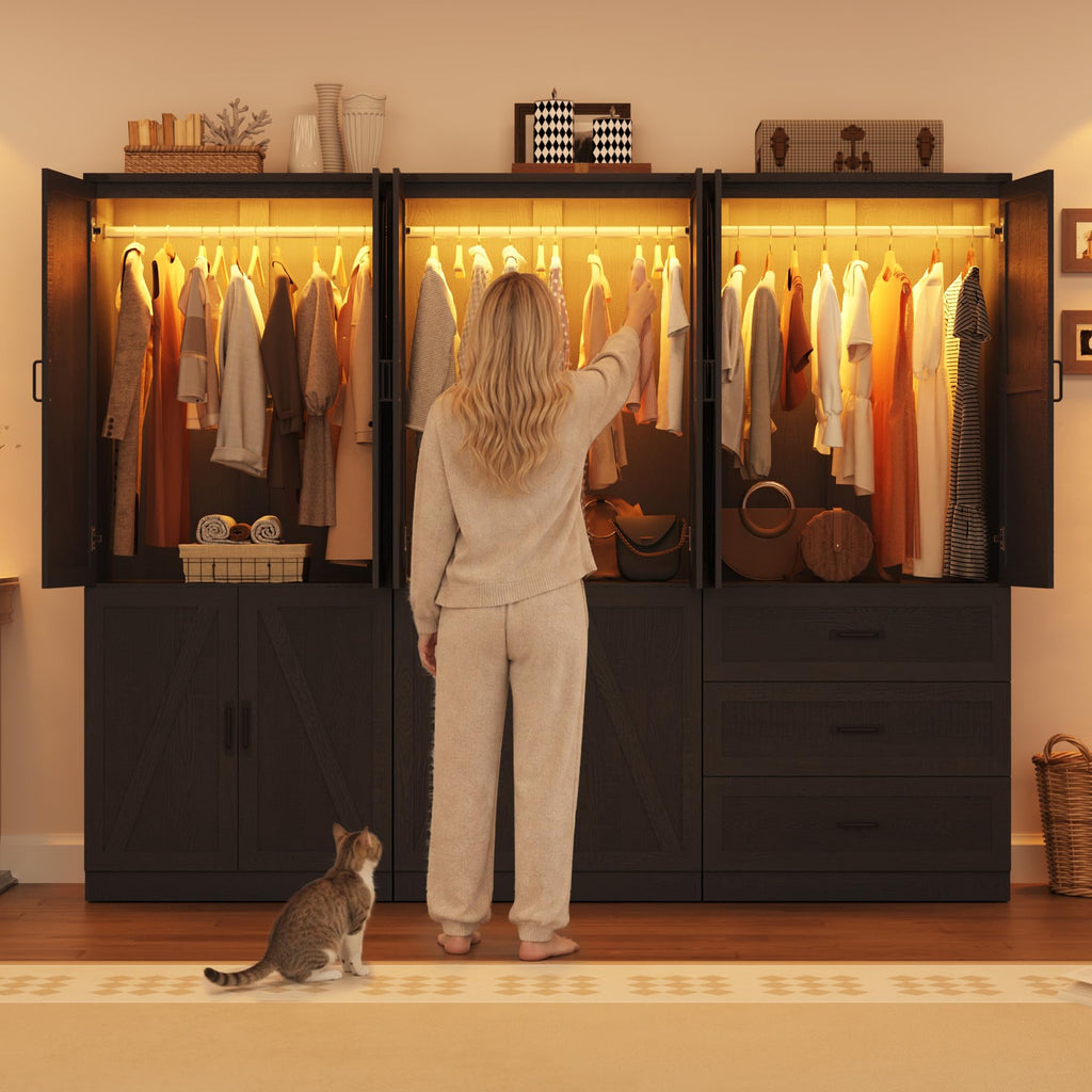 74" Tall Farmhouse Armoire Wardrobe Closet with Sensor LED Light(Black AAB)