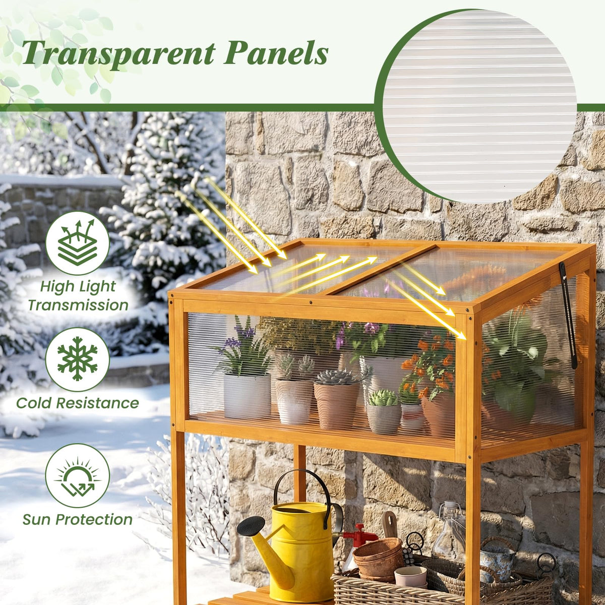 Wood Cold Frame Greenhouse, Raised Flower Planter Protection with Transparent Openable Roof & Slatted Shelf, Indoor