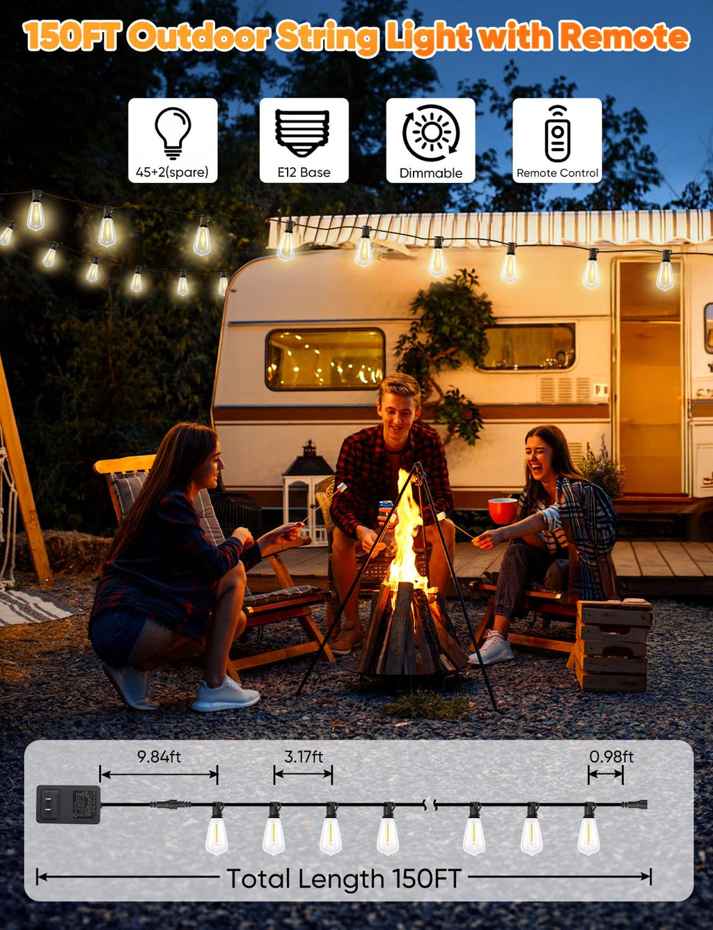 LED Outdoor String Lights, Dimmable Patio Lights with Remote Control, 45+2 Shatterproof ST38 Edison Bulbs, 3