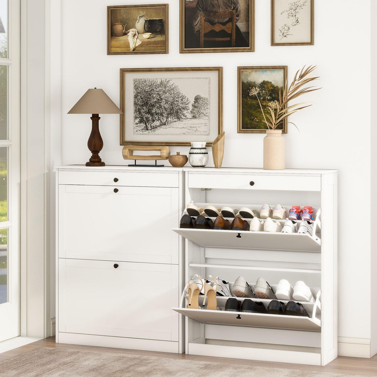 Shoe Cabinet, Hidden Shoe Storage Cabinet with 2 Flip Drawers