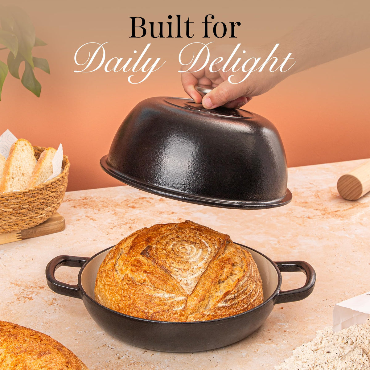 Enamelled Cast Iron Dutch Oven Pot - Dutch Oven For Sourdough Bread Baking - Cast Iron Bread Pot - Black, 6 Quarts