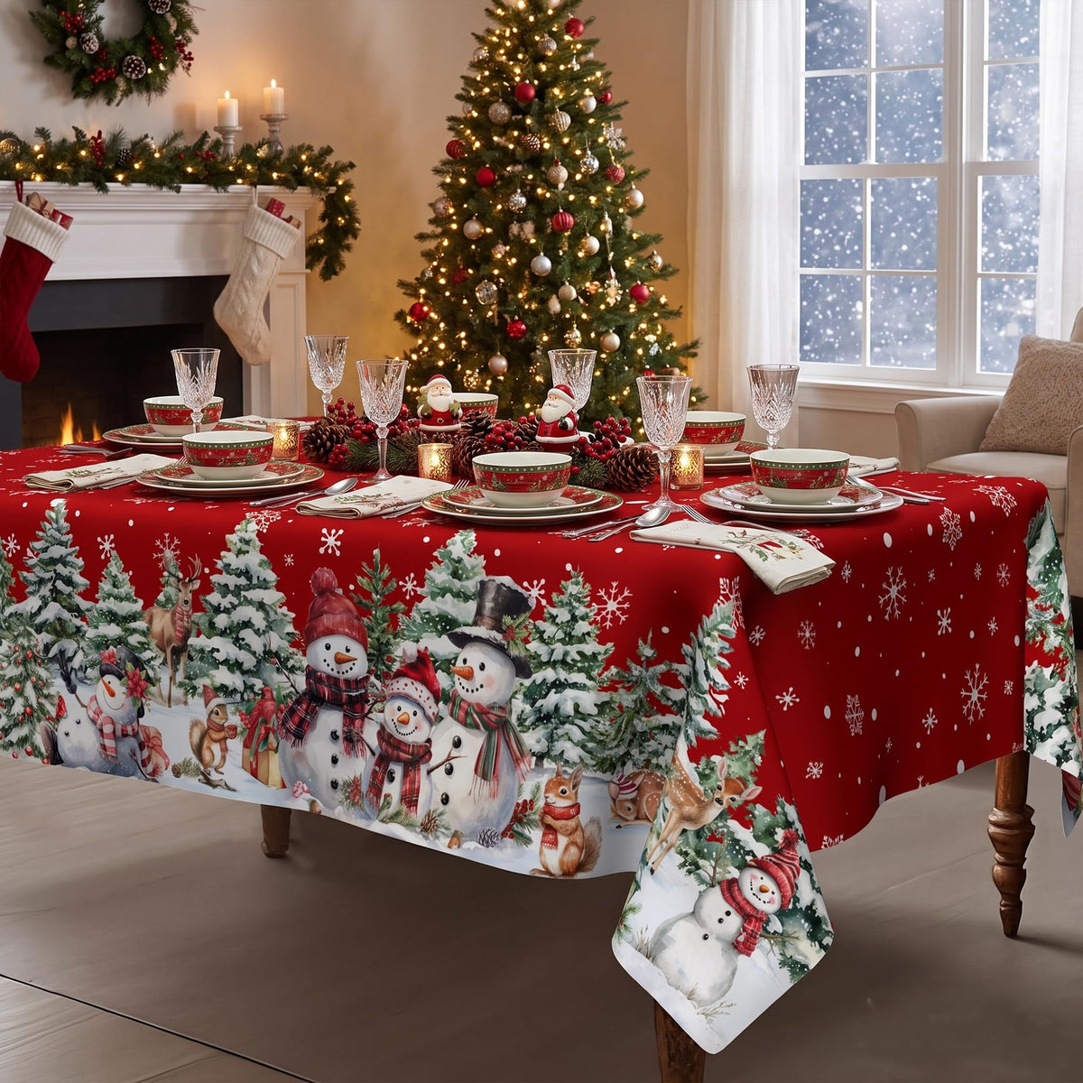 Christmas Tablecloth 60 x 120 Inch Snowman | Winter Trees Seasonal Washable Table Cover for Party Picnic Dinner Decor