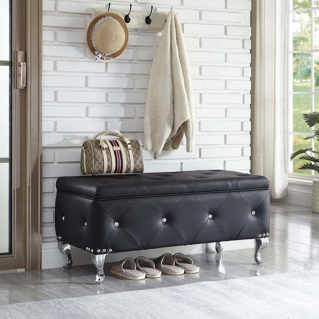Faux Leather Large Storage Ottoman Bench Set Foot Rest Stools Bedroom with 2pcs Ottomans Upholstered, Black