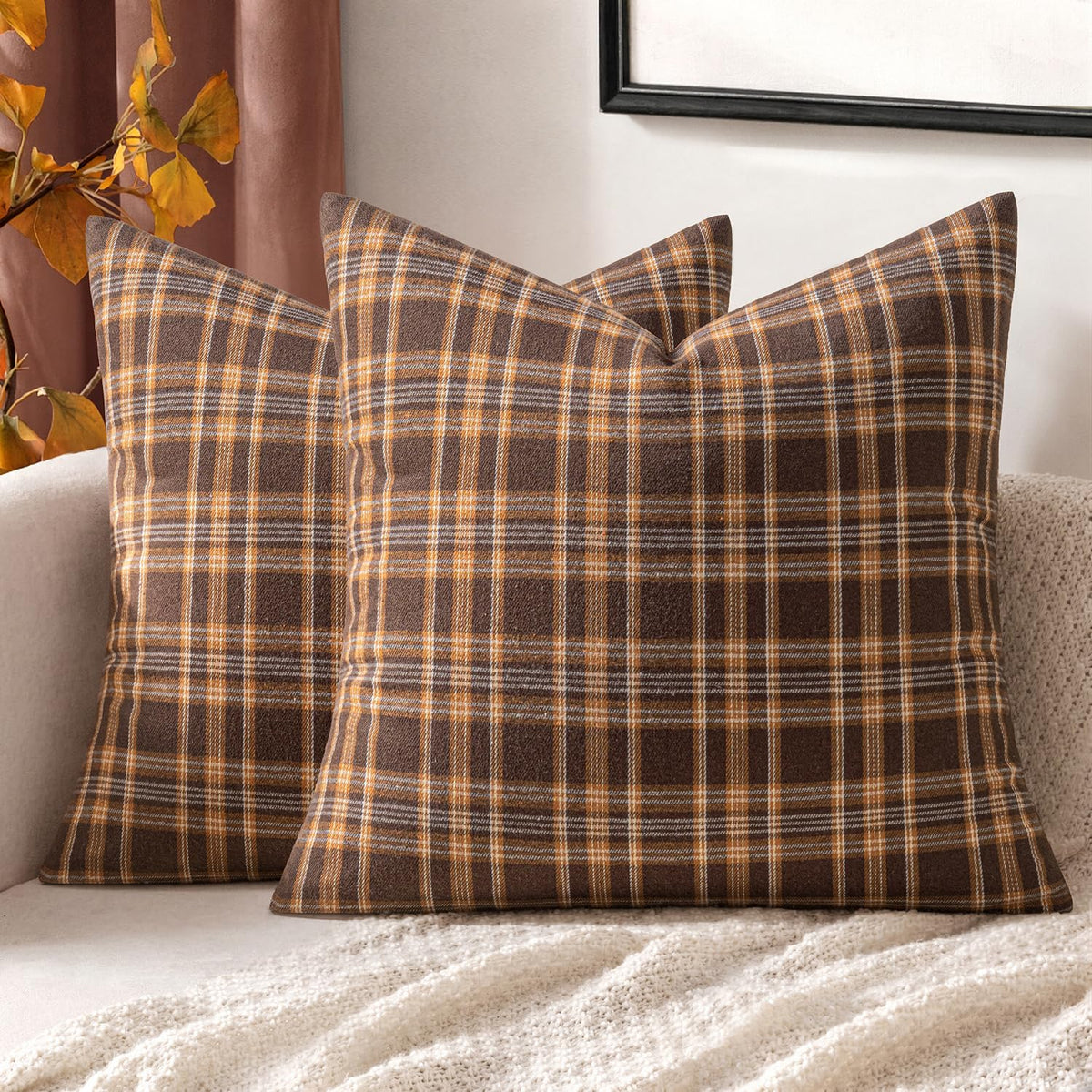 Fall Plaid Pillow Covers Scottish Tartan 18x18 Dark Brown