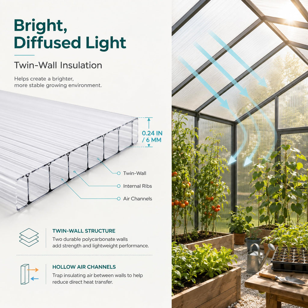 8-Pack Polycarbonate Greenhouse Panels, 8 x 4 ft, 0.24 in Twin-Wall Sheets, UV-Coated Translucent Roof and Wall