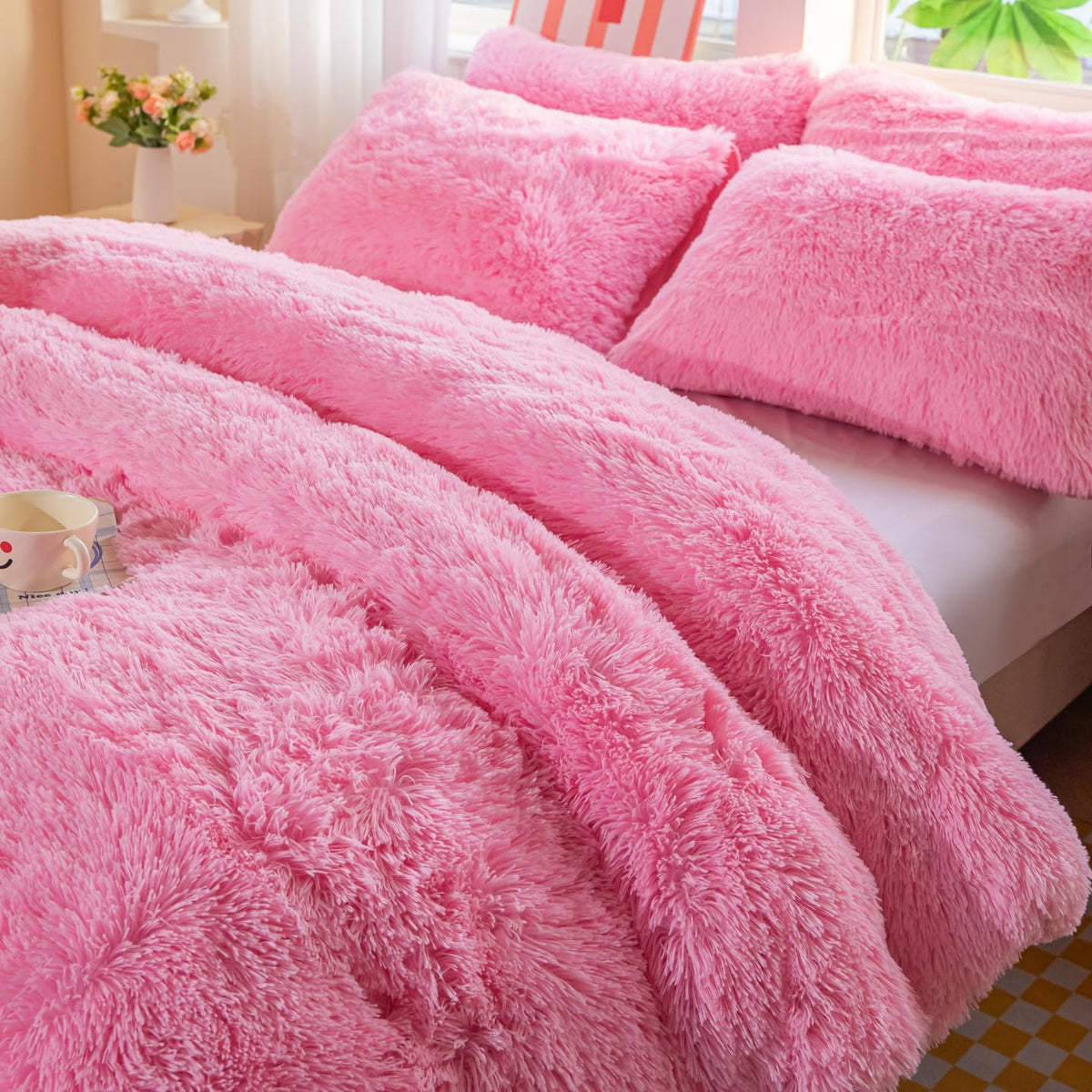 Faux Fur Plush Pink Comforter Sets - Ultra Soft Shaggy Flannel Velvet Fluffy Fuzzy 3PC Bedding Sets