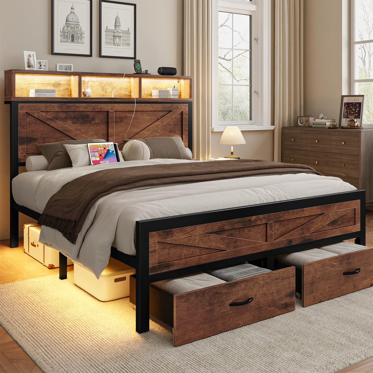 Rustic Bed Frame with Storage Drawers, Farmhouse LED Bed Frame with Barn Door Headboard and Charging
