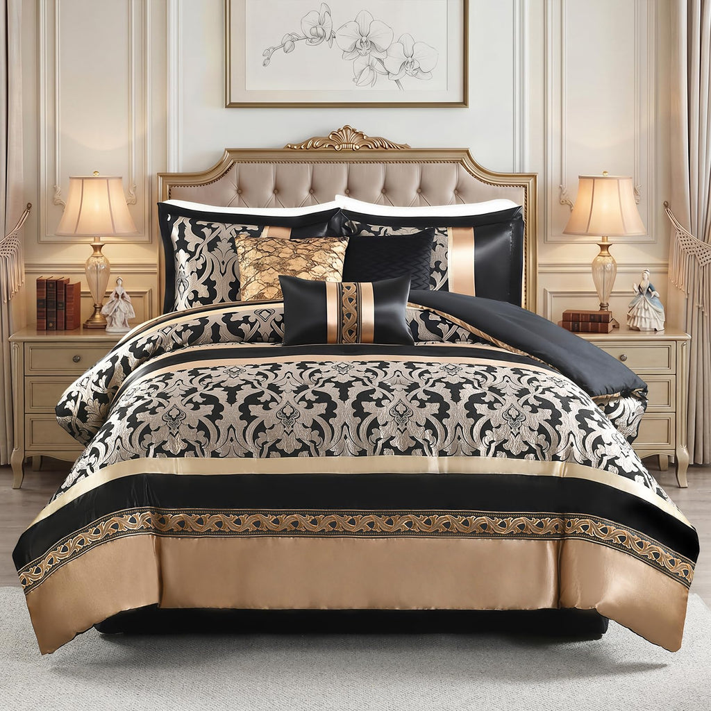 Black Gold Comforter Set, Luxury Jacquard, 7-Piece