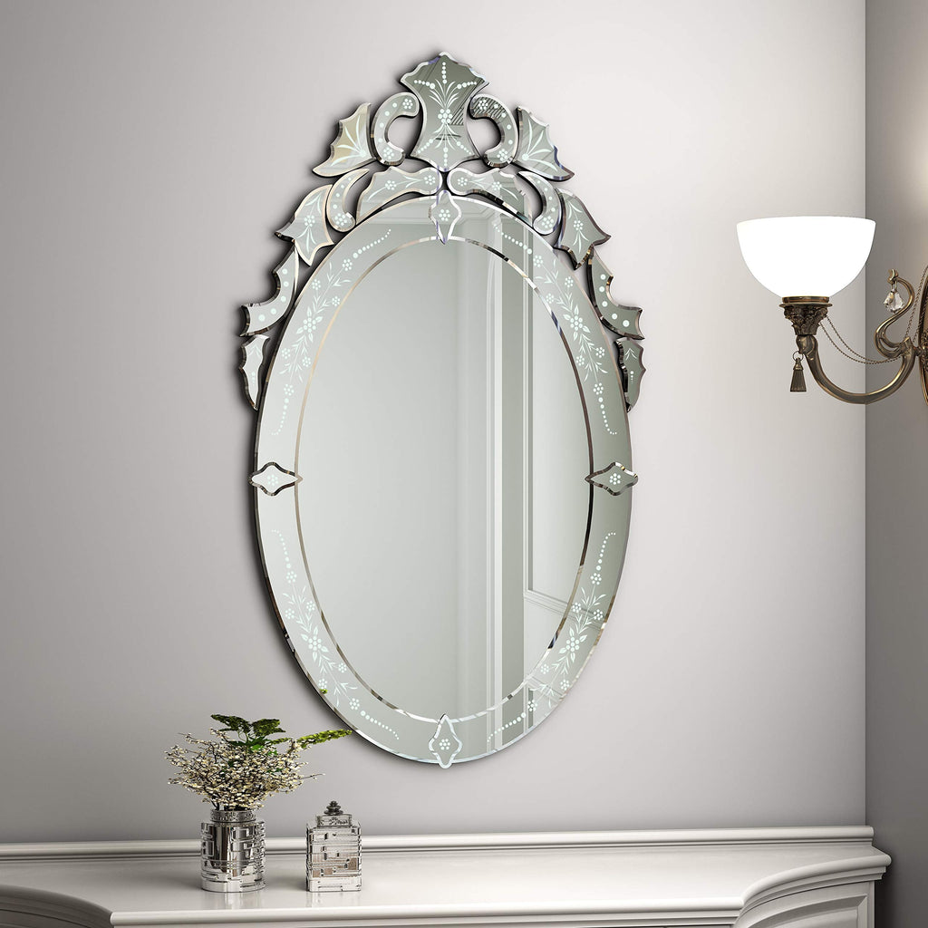 42x24 Oval Bathroom Mirror, Venetian Floral Etched Decorative Wall Mirror