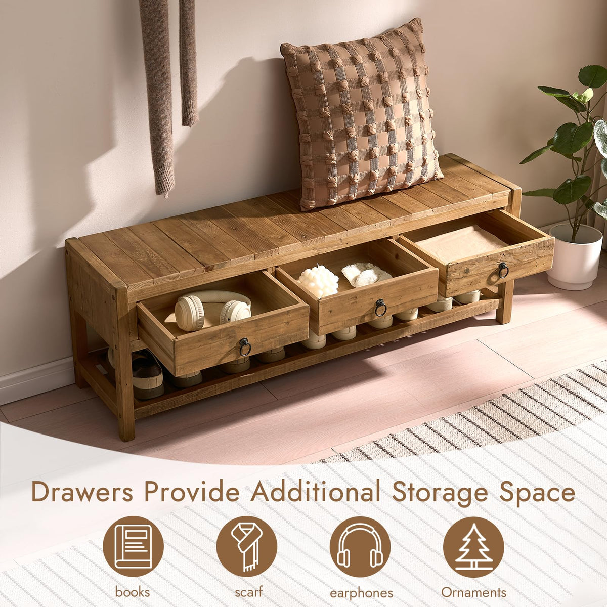 45.2" Reclaimed Solid Wood Entryway Storage Bench