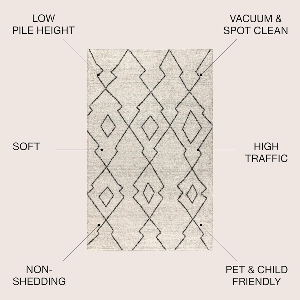 Alia Moroccan Beni Souk Cream/Black Indoor Area Rug, Bohemian, Scandinavian, Easy-Cleaning, Pet Friendly