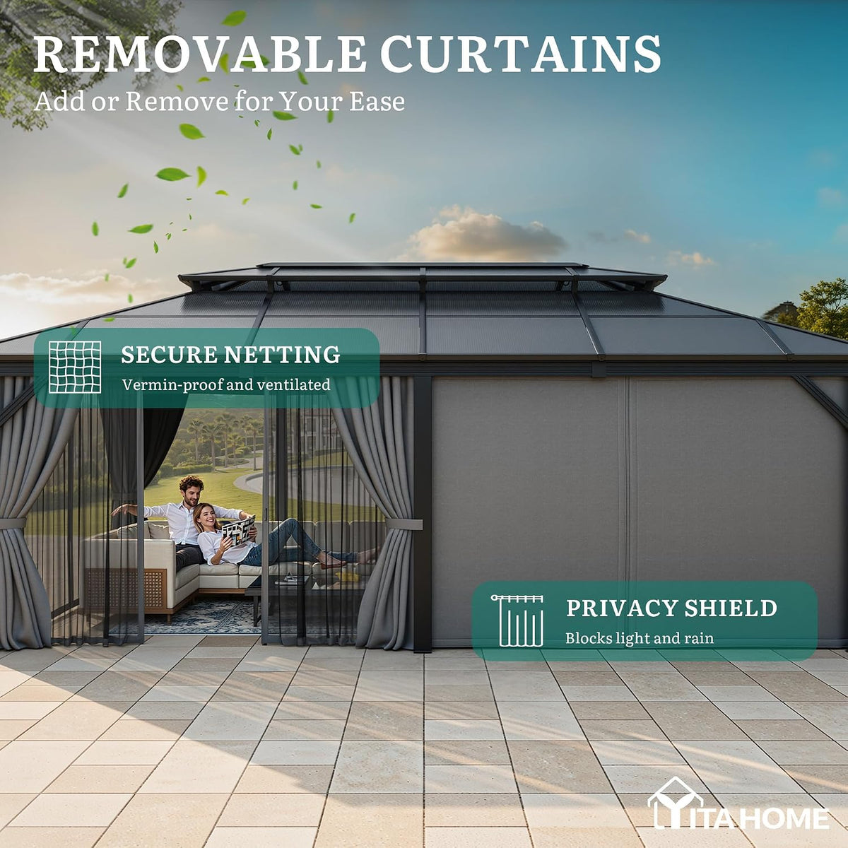 12x20FT Gazebo Polycarbonate Hardtop Double Roof Canopy Outdoor with Netting and Shaded Curtains