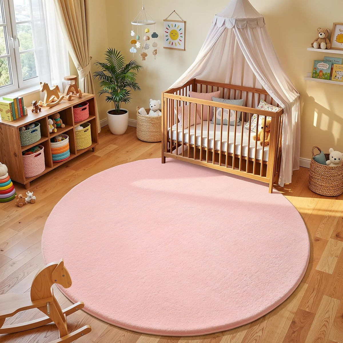 Pink Round Area Rugs 5ft Washable Circle Rugs for Bedroom Living Room, Fluffy Indoor Thickened Memory Foam Rug, Non
