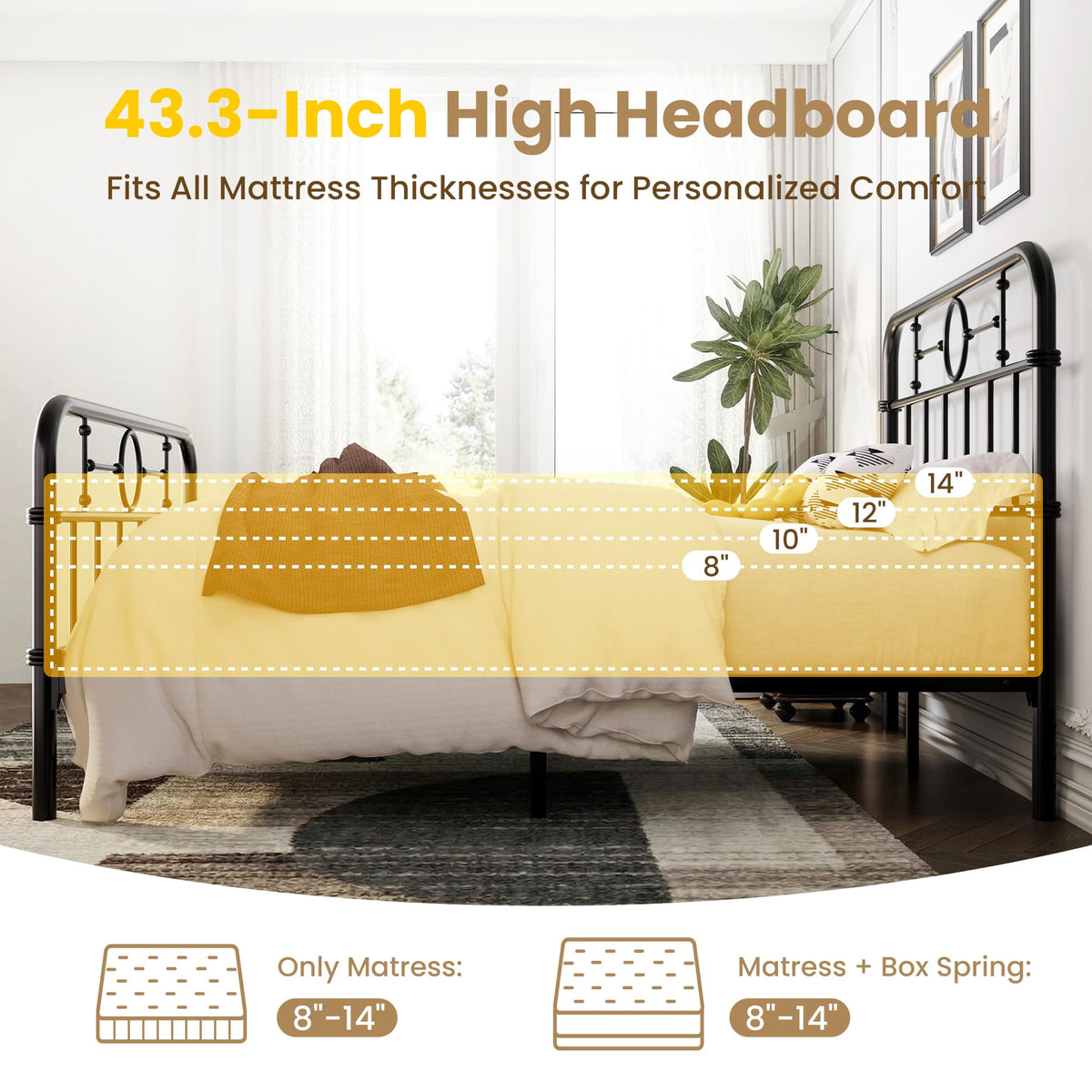 Metal Platform Bed Frame with Vintage Headboard