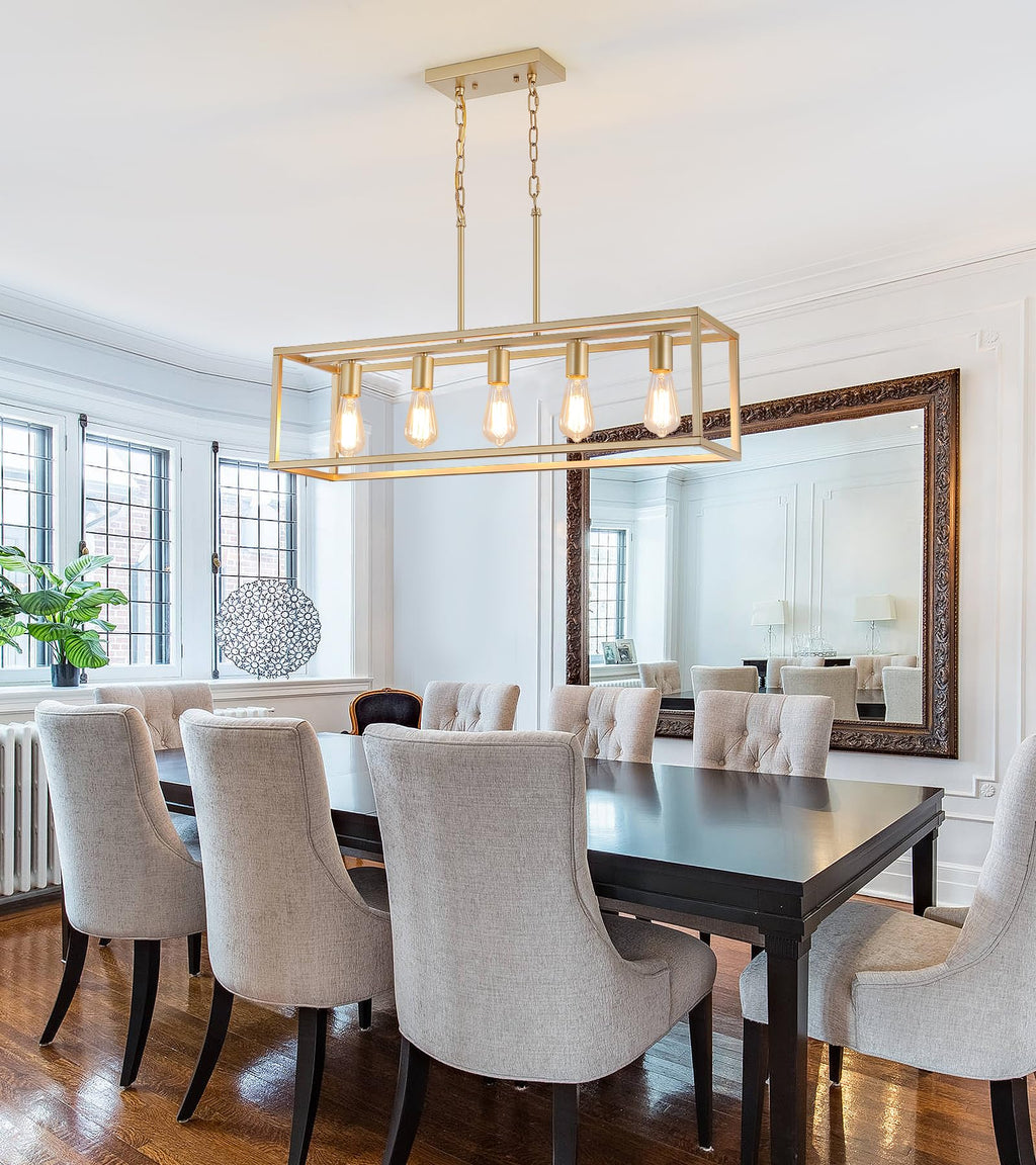 Gold Rectangle Kitchen Island Lights Rectangular Modern Industrial Chandelier 5 Lights Linear Vintage Cage Light