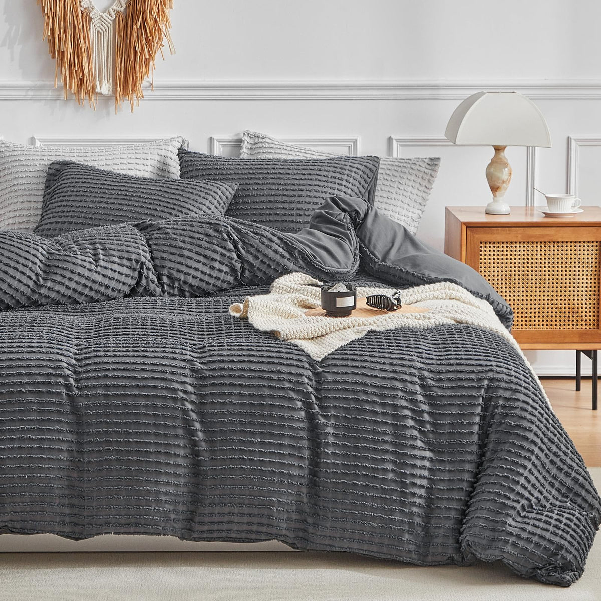 Dark Grey Boho Duvet Cover Set King Size, Tuft Texture, 3-Piece