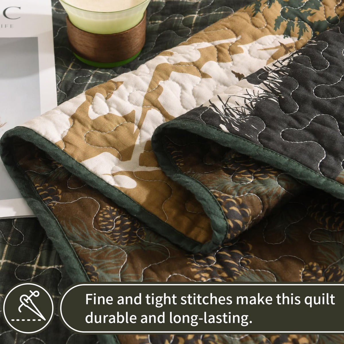 100% Cotton Quilt Set, Rustic Cabin Plaid Bear, Green/Brown