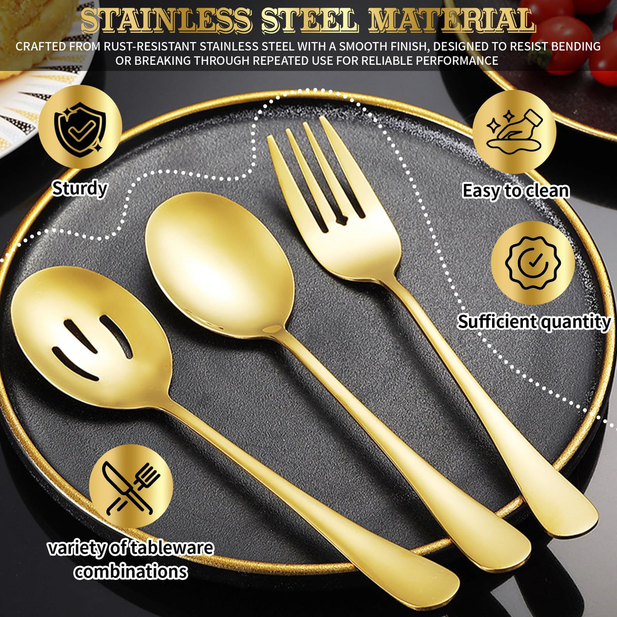Gold Serving Utensils Set, Stainless Steel Buffet Serving Spoons with Tongs Forks Ladle - Dishwasher Safe