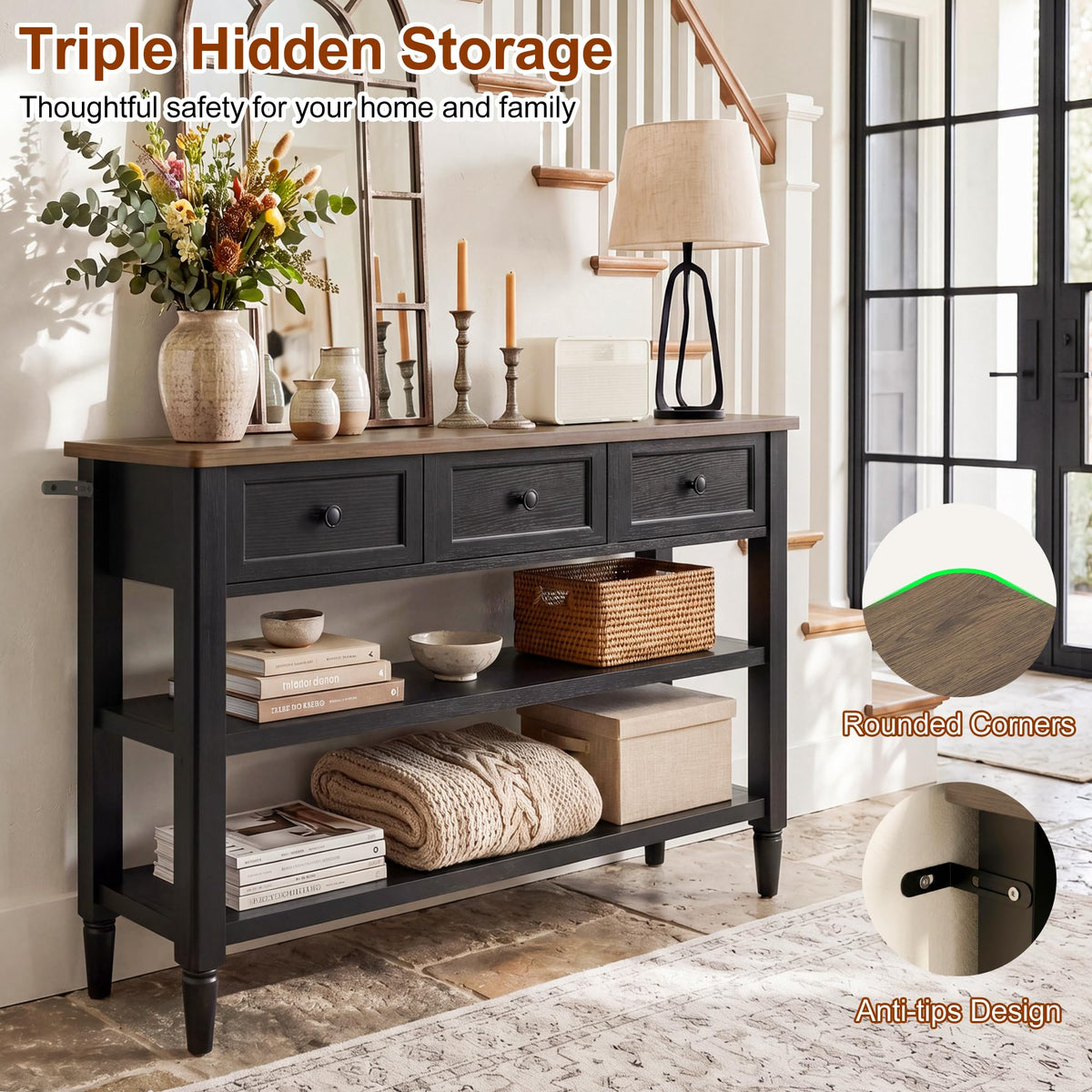 43" Farmhouse Entryway Table with 3 Drawers 2 Shelves